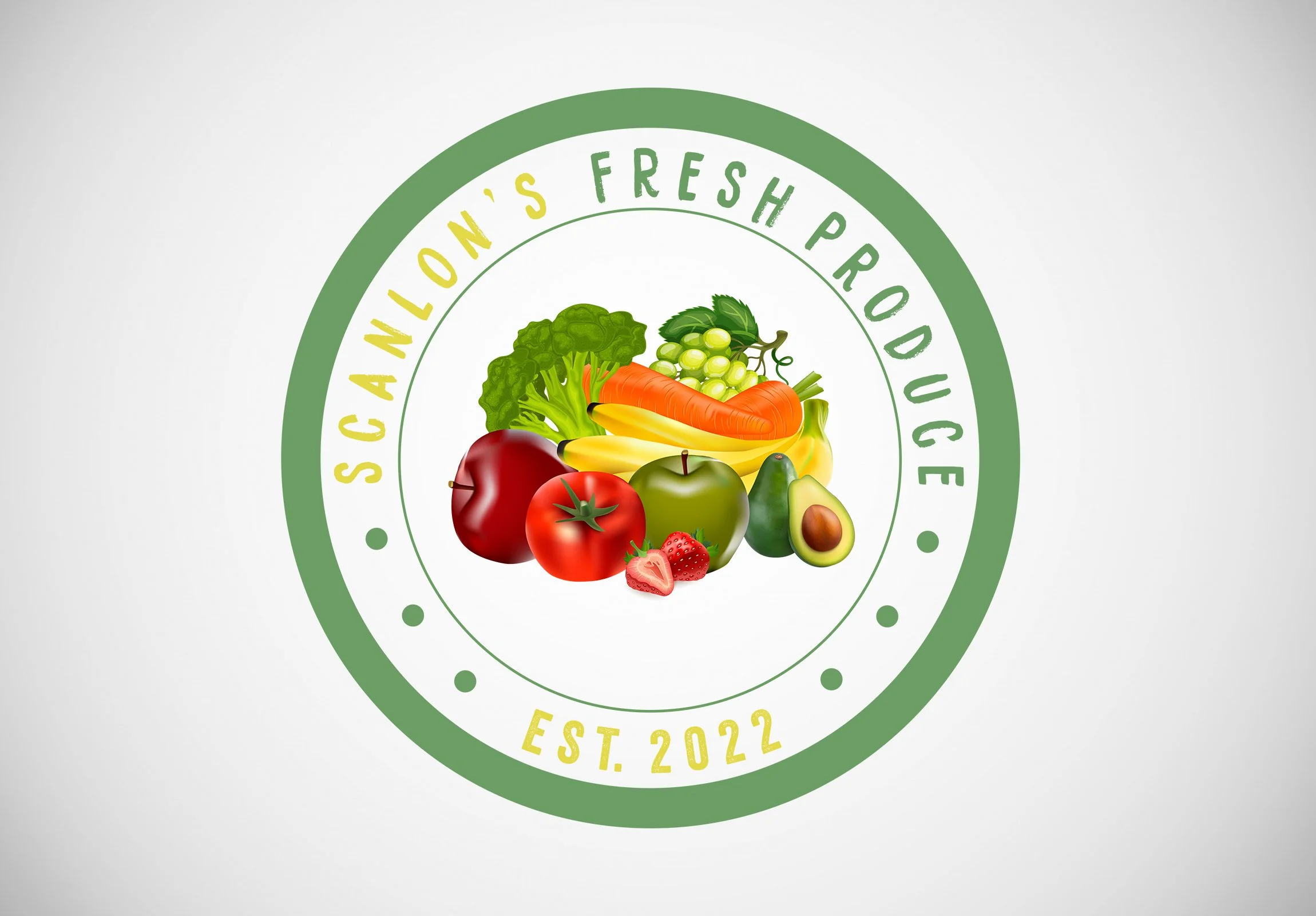 A circular logo for Soundlan's Fresh Produce featuring various fruits and vegetables, including broccoli, grapes, a carrot, bananas, an apple, a tomato, a strawberry, an avocado, and a pear, with green and yellow text and an EST. 2022 date.