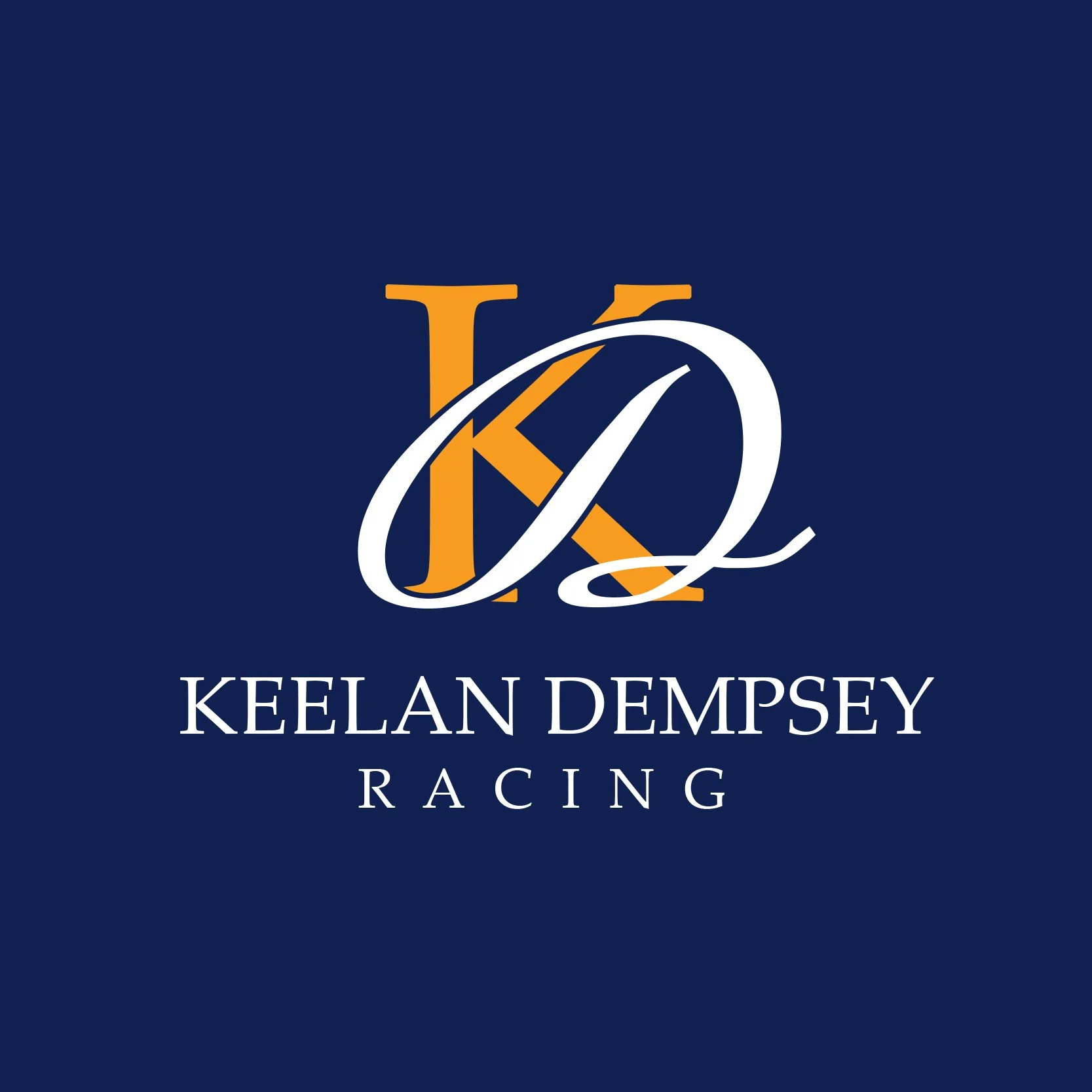 Logo for Keelan Dempsey Racing featuring the initials KD in white and orange on a dark blue background.