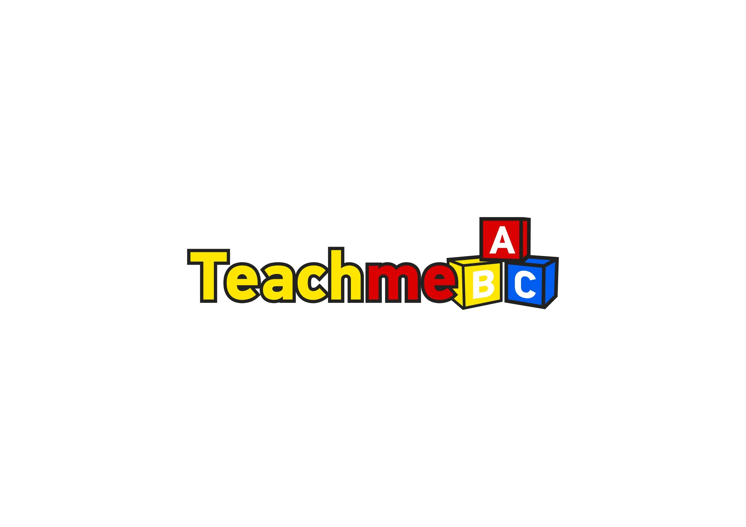 Colorful text that reads 'Teach me' with three 3D blocks labeled A, B, and C in red, yellow, and blue, respectively.