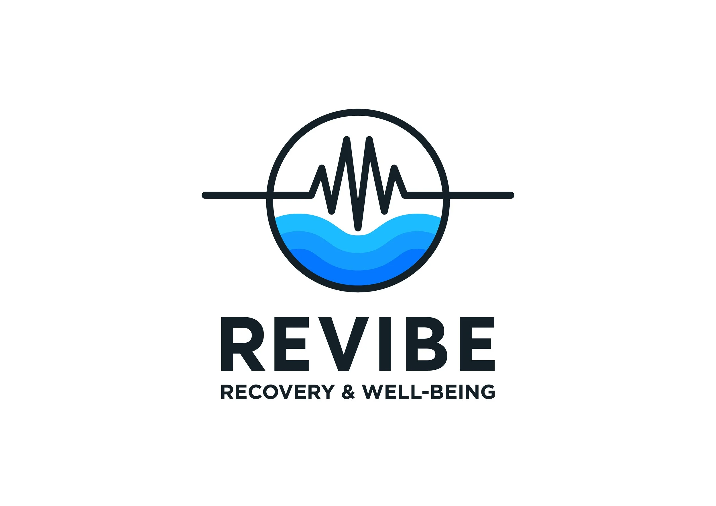 Logo with a circular icon featuring a black waveform crossing a blue water wave, and the text "REVIBE" with a subtitle "RECOVERY & WELL-BEING" underneath.