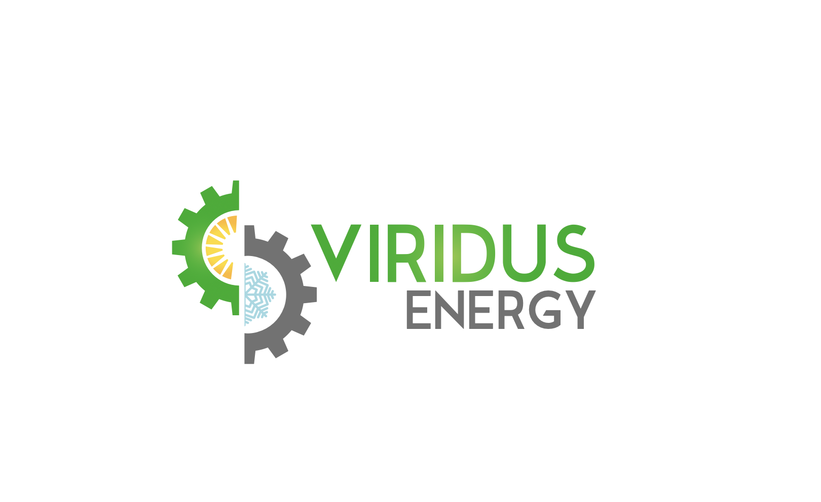 Logo for Viridus Energy featuring interconnected gears with various symbols, including a snowflake, sun, and wind turbine, in green, gray, yellow, orange, and blue.