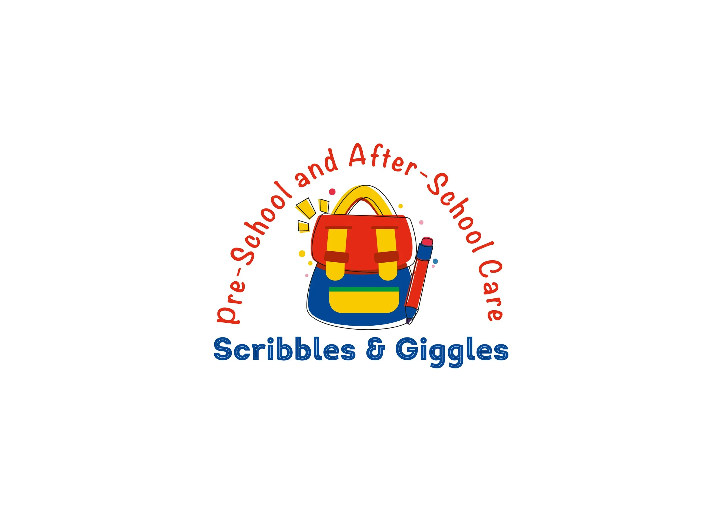 Logo for Pre-School and After-School Care named Scribbles & Giggles, featuring a red backpack, a pencil, and colorful text in red and blue.