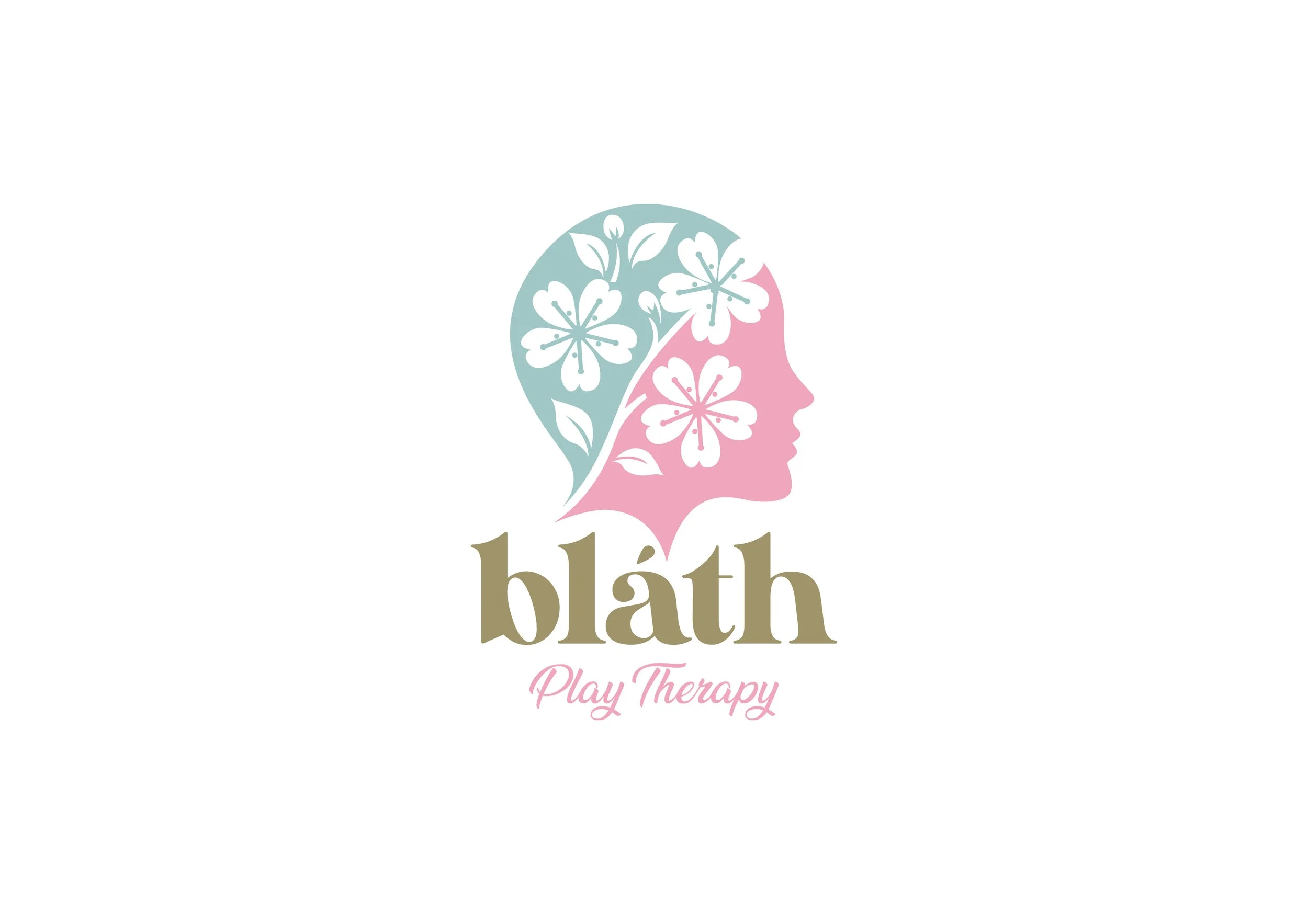 A logo featuring a woman's face silhouette with floral design incorporated into her hair, with the text 'bláth' and 'Play Therapy' below.