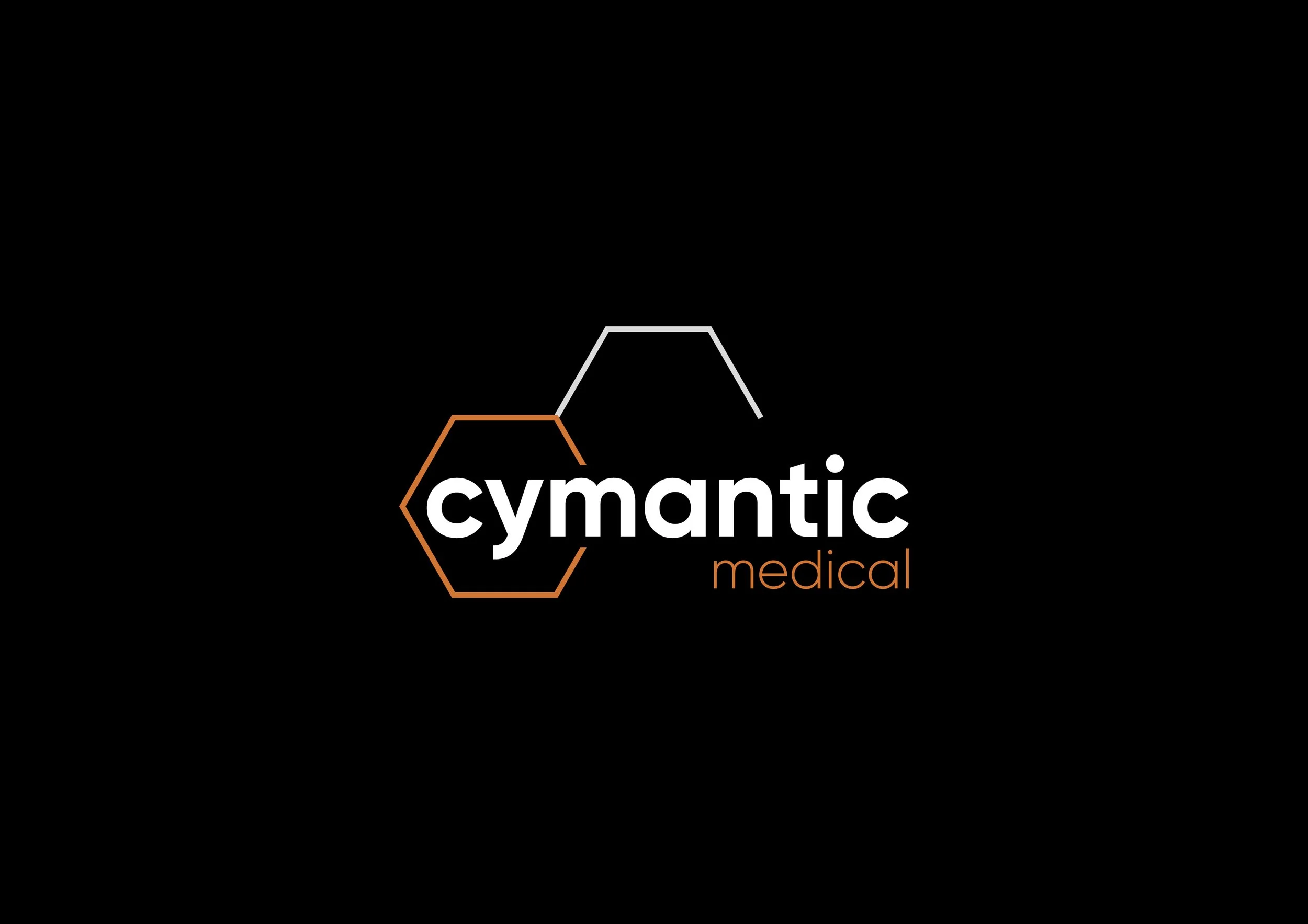 Cymantic Medical logo with two interconnected hexagons, one orange and one white, and the words "cymantic" in bold white letters and "medical" in orange letters beneath.