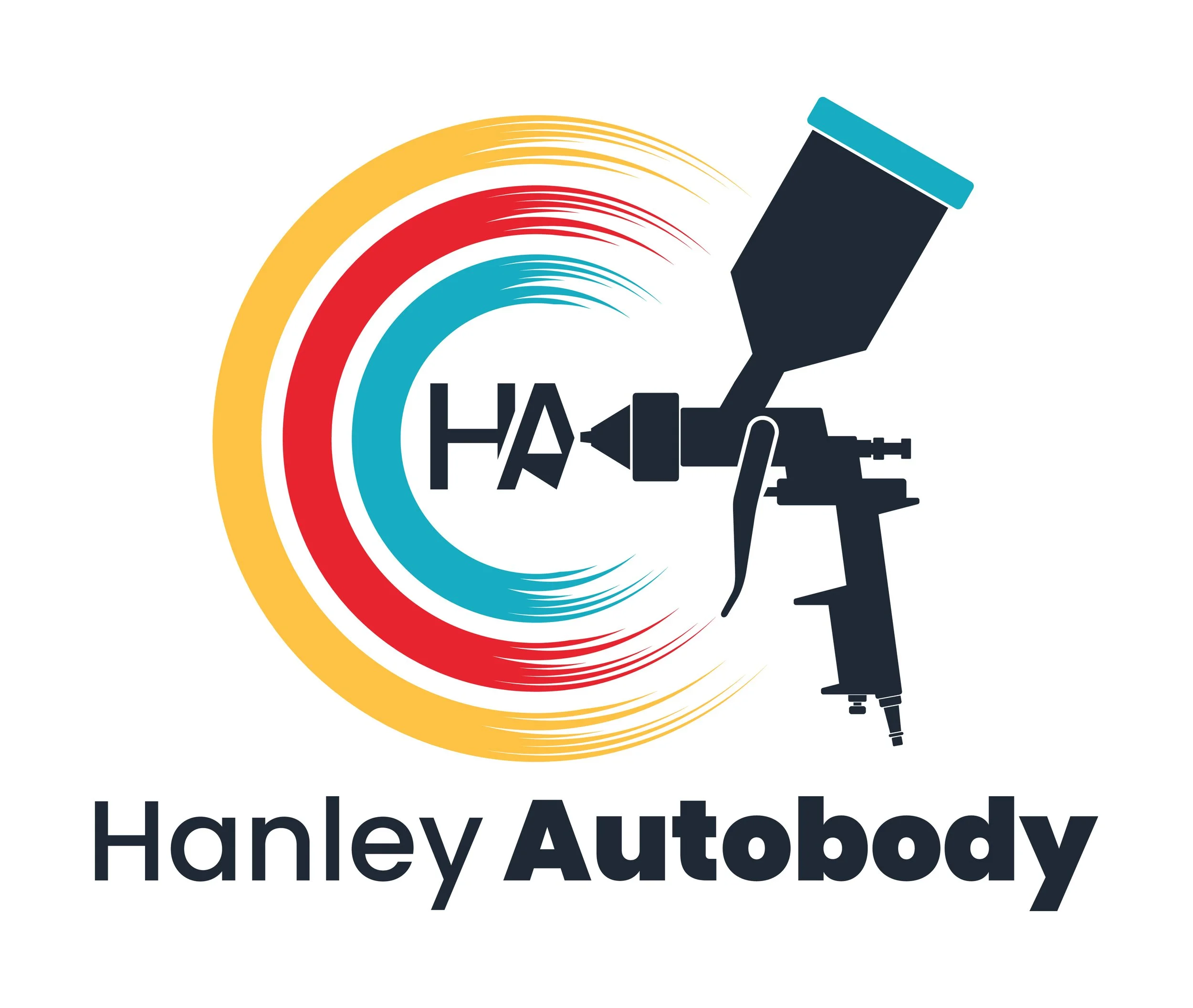 Logo for Hanley Autobody featuring a spray paint gun emitting colorful concentric arcs and the text 'Hanley Autobody' underneath.