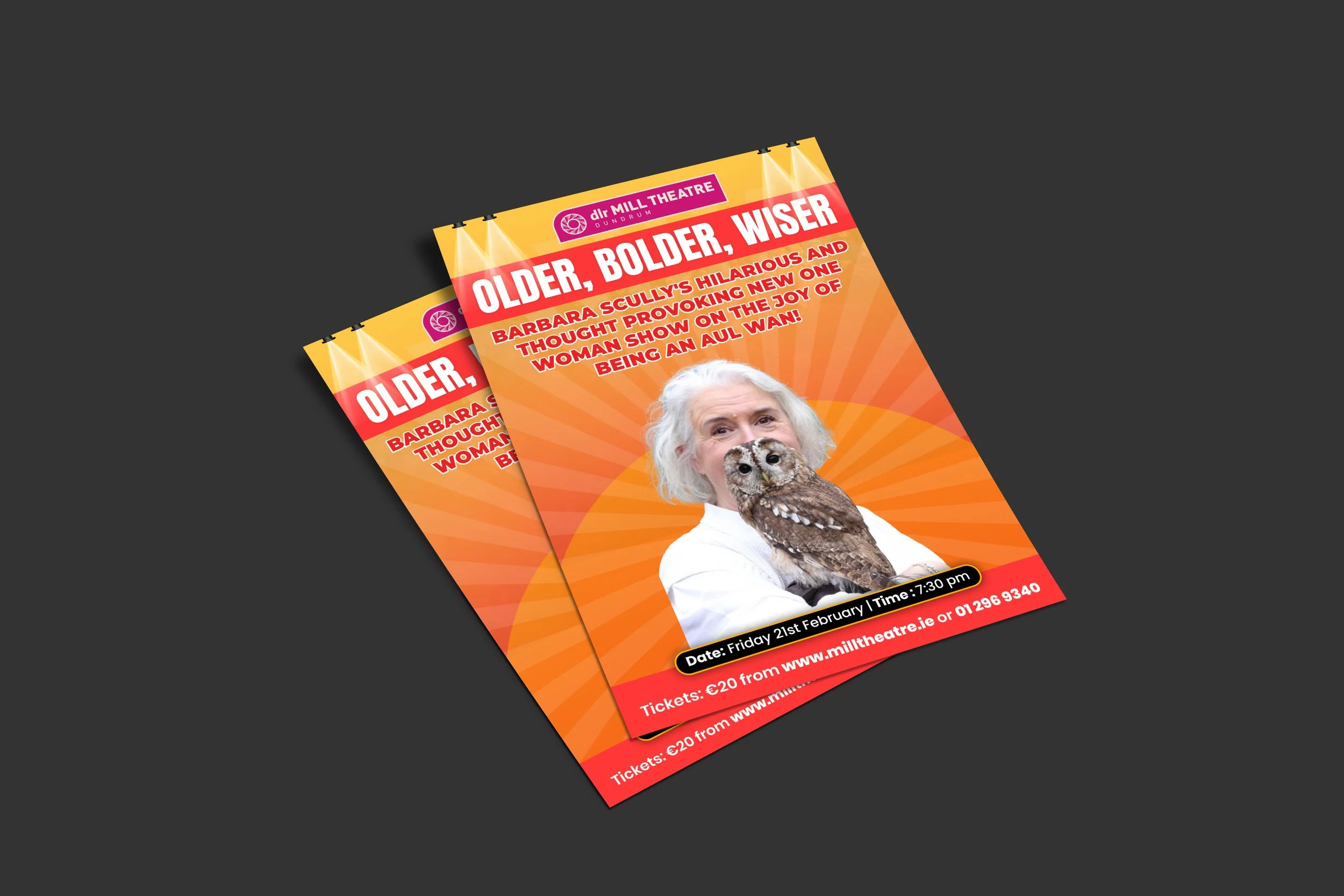 Event poster for a show titled 'Older, Bolder, Wiser' at d'rt MILL THEATRE in Dún Dumra featuring an older woman holding an owl, with event details, date, time, and ticket information.