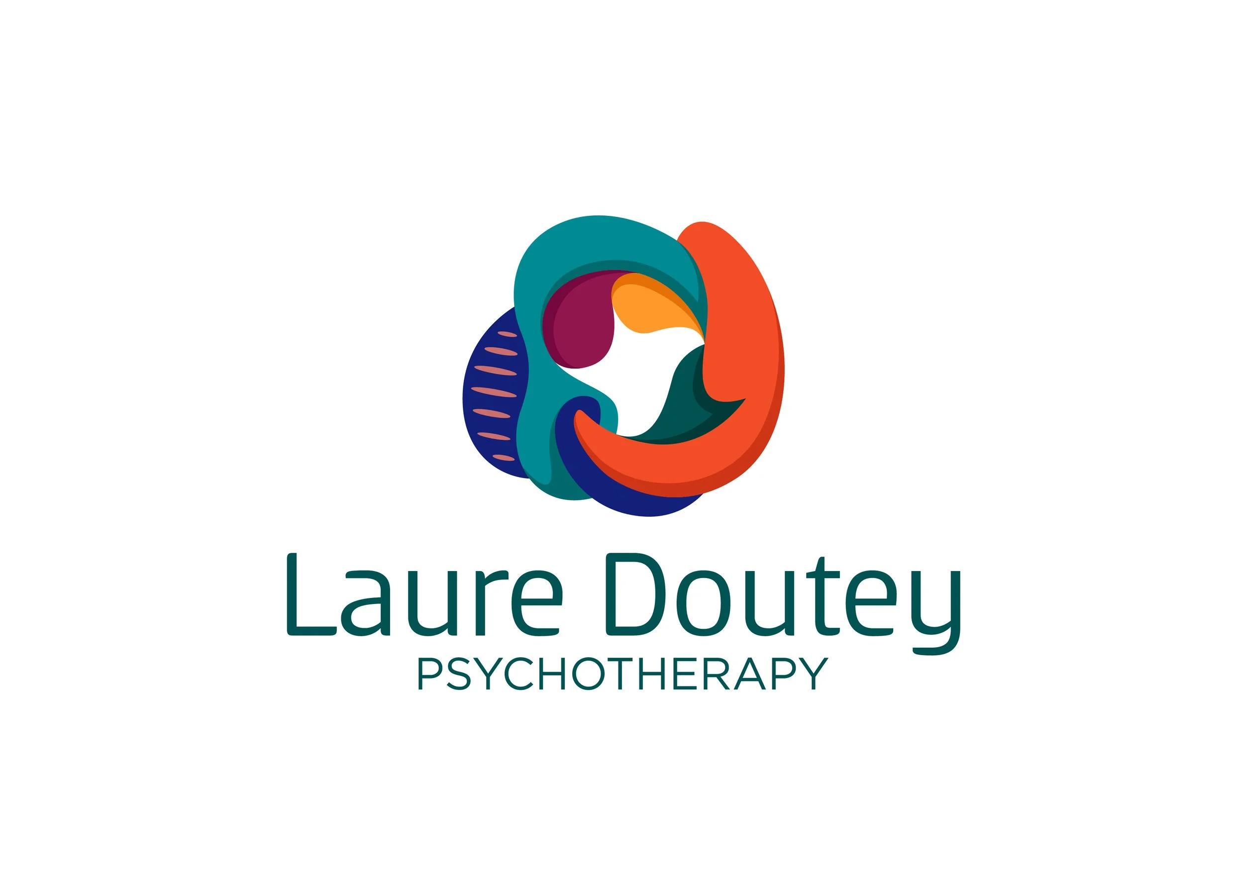 Colorful abstract logo with a circular design, featuring shapes in teal, orange, purple, and navy, with the text 'Laure Doutey Psychotherapy' below.
