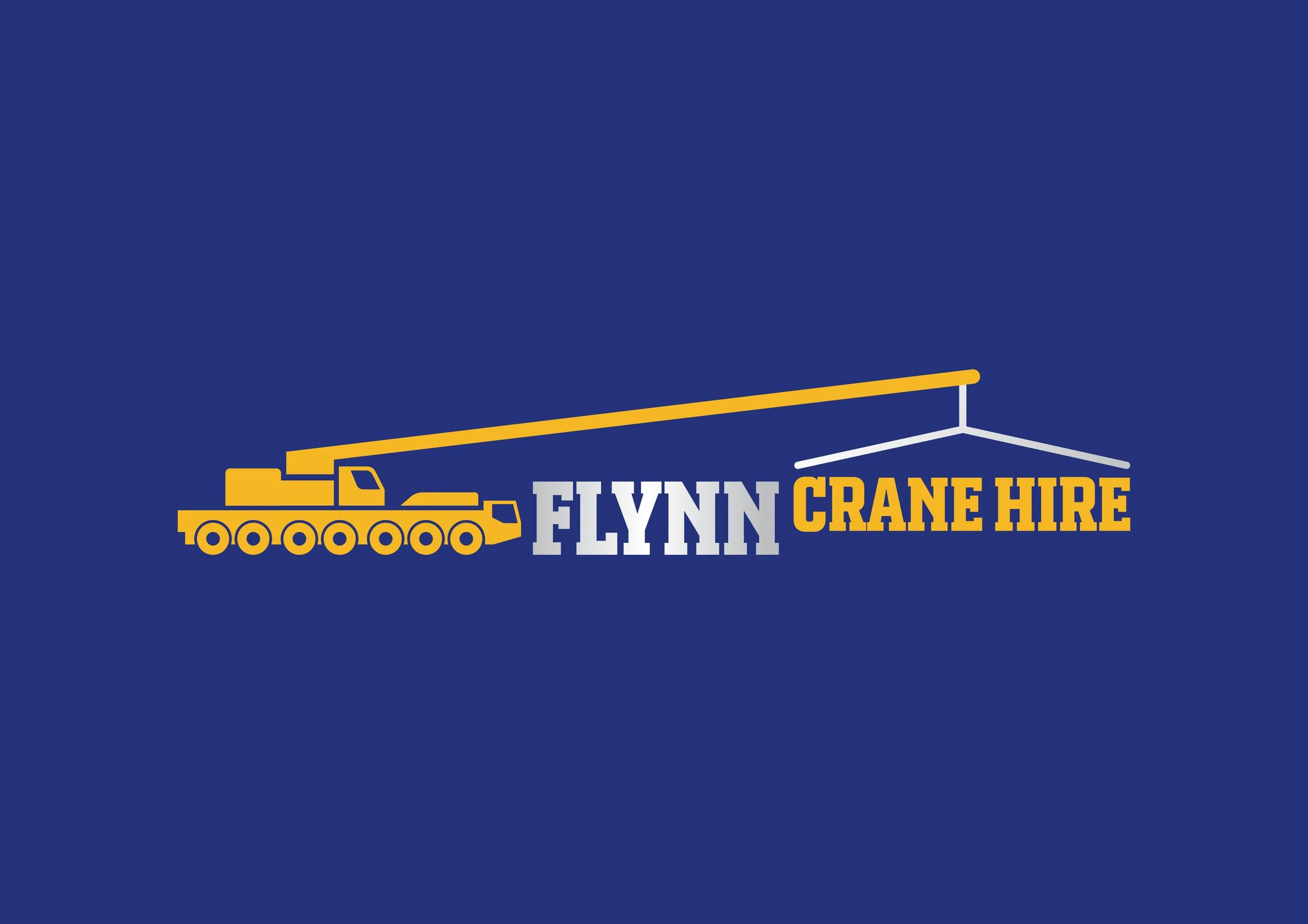 Logo for Flynn Crane Hire featuring a yellow truck with an extended crane arm and the company name in bold, blue and yellow text on a dark blue background.