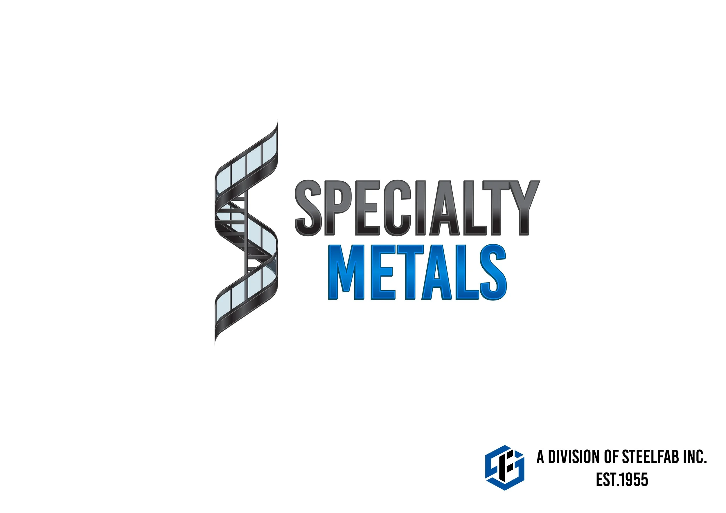 Logo for Specialty Metals, featuring a stylized double helix with black and blue sections, with the text 'Specialty Metals' in black and blue, and a small logo with the text 'A division of Steelfab Inc., Est. 1955' in the bottom right corner.
