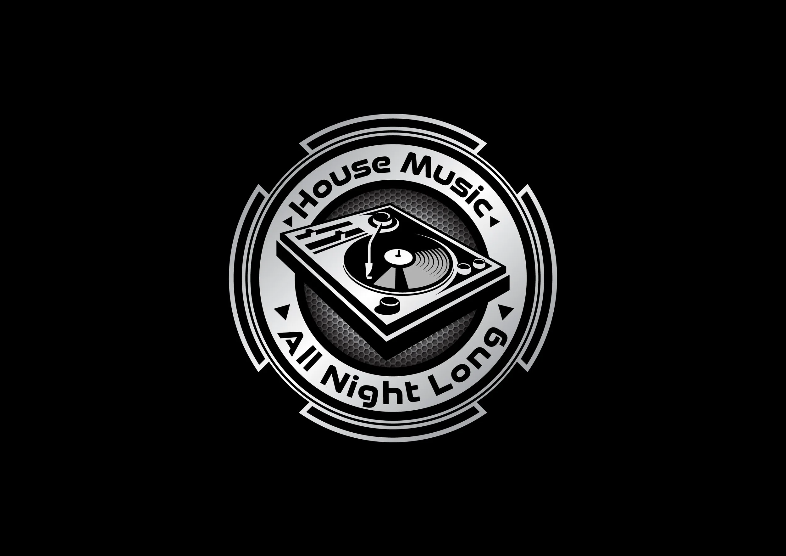 Black and white logo of a DJ turntable inside a circular emblem with the text 'House Music All Night Long' around it.