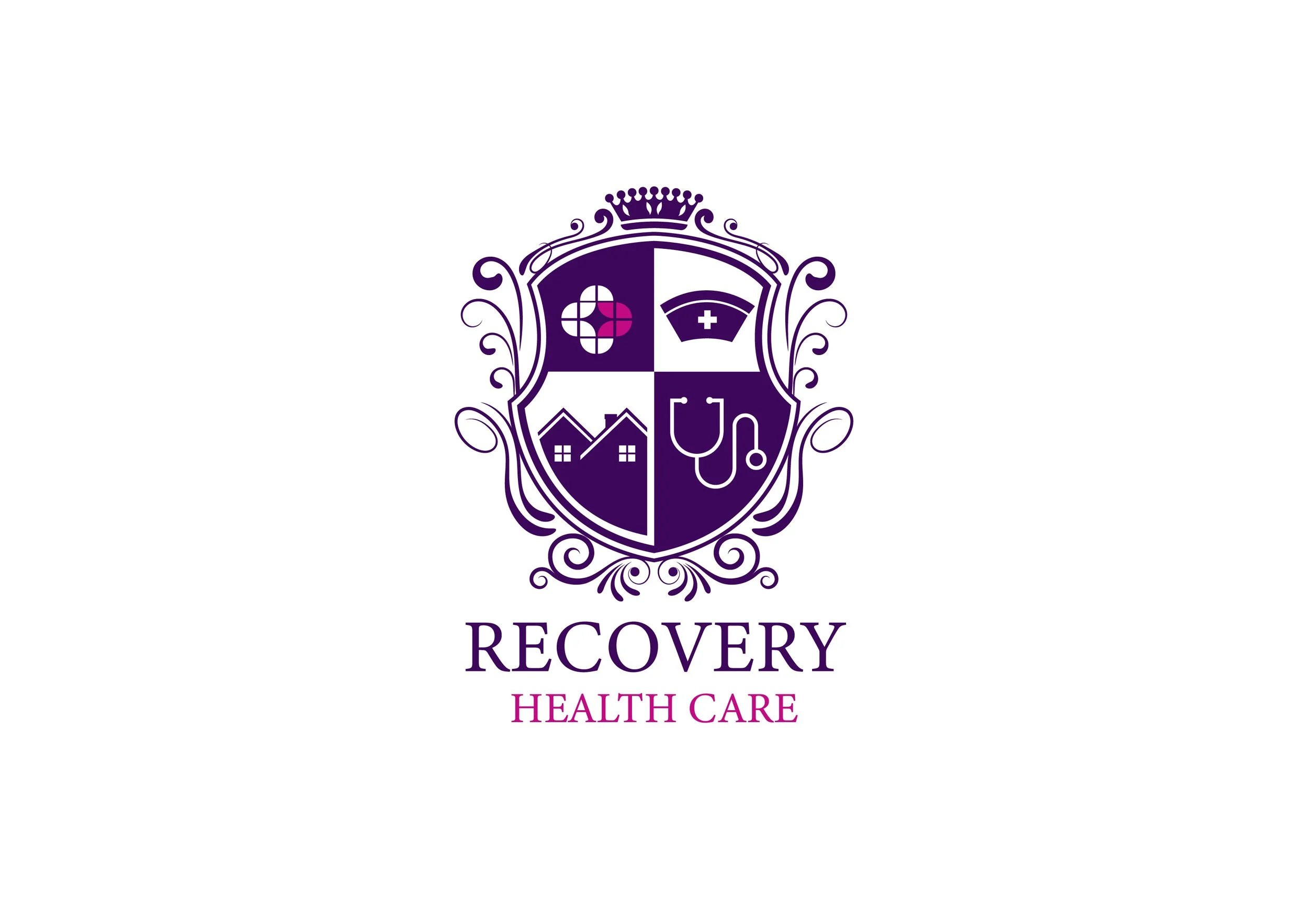 Logo for Recovery Health Care featuring a crest with symbols including a cross, a stethoscope, houses, and a healthcare gauge, with the name Recovery Health Care below.