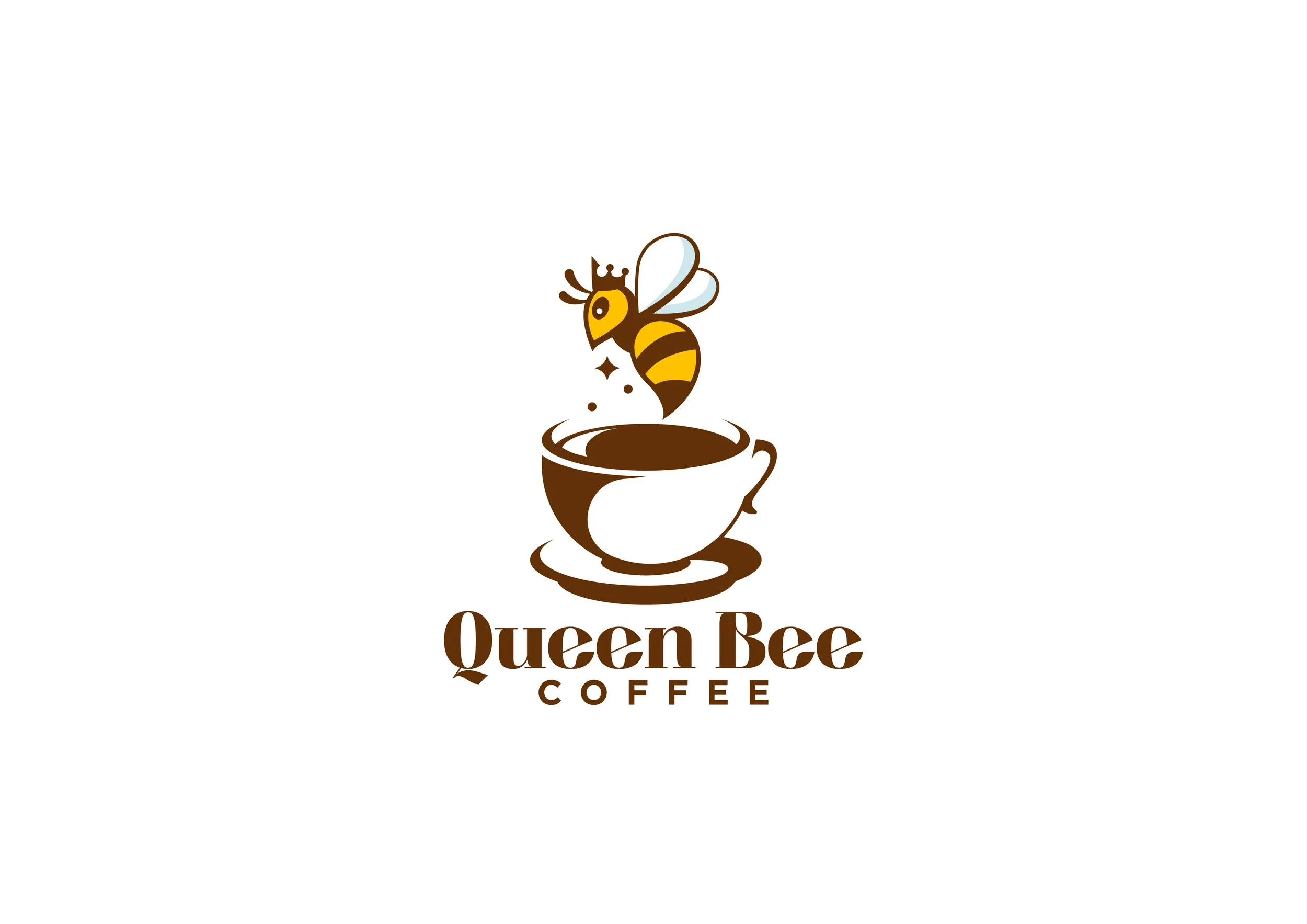A logo for Queen Bee Coffee featuring a smiling bee with a crown hovering above a coffee cup with a saucer, with the text 'Queen Bee Coffee' below.