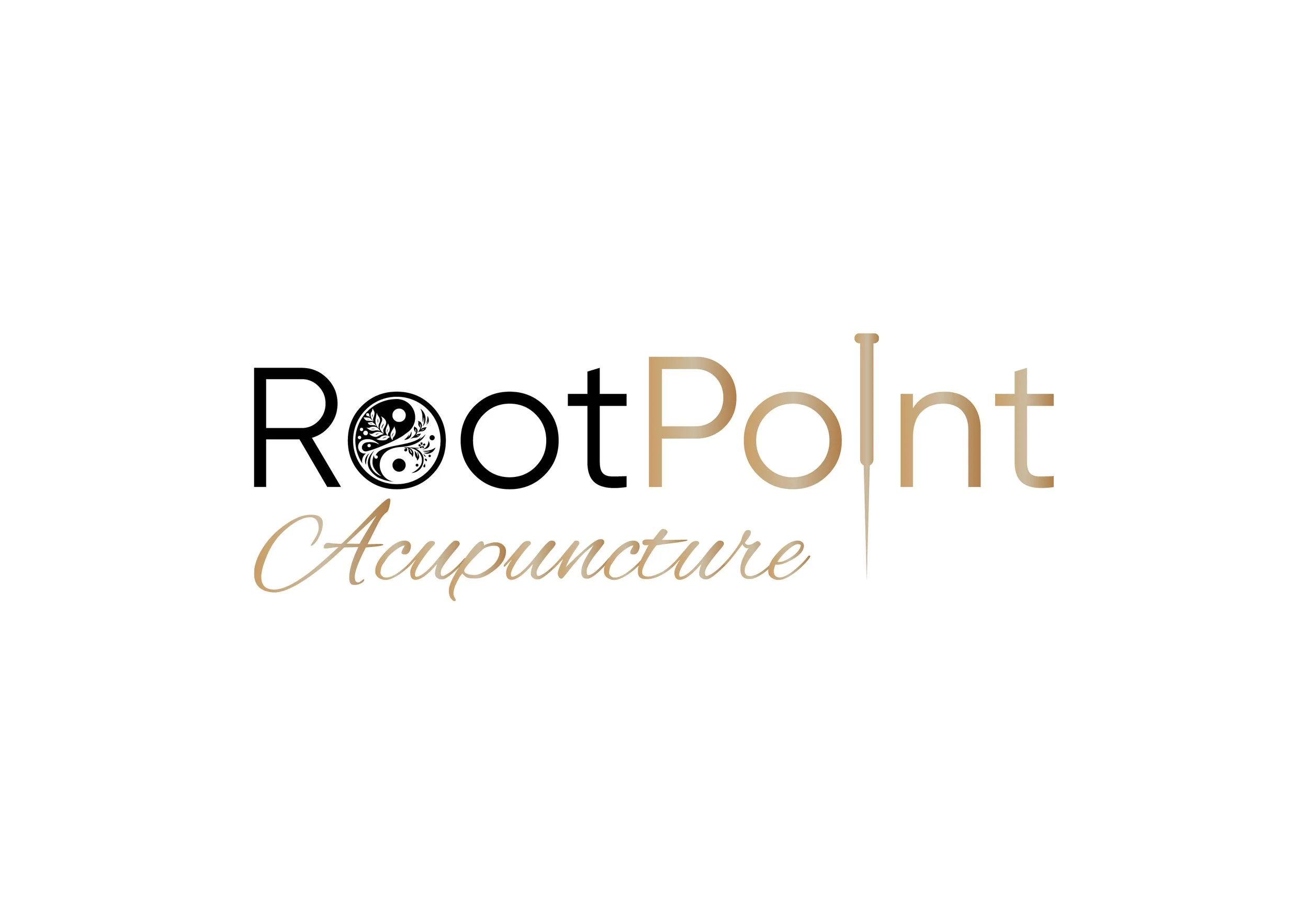 RootPoint Acupuncture logo with black and gold text and a yin-yang symbol surrounded by floral designs