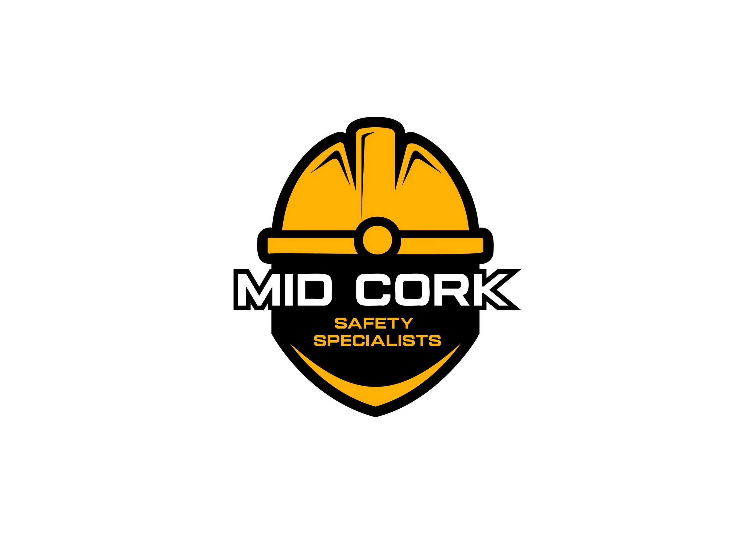 Logo of Mid Cork Safety Specialists featuring a yellow hard hat and bold black and white text.