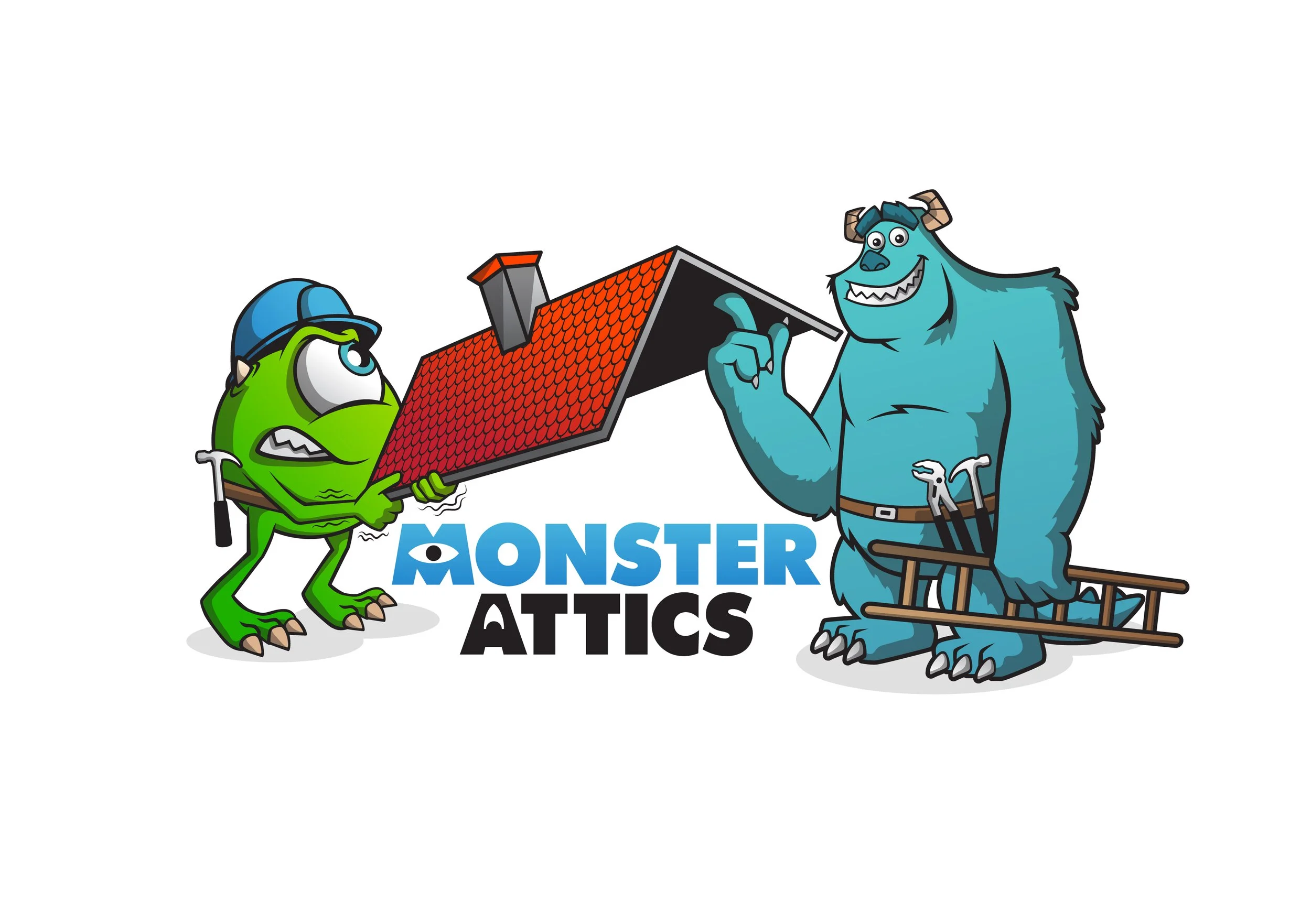 Cartoon monsters holding a house, with the text 'Monster Attics' below.