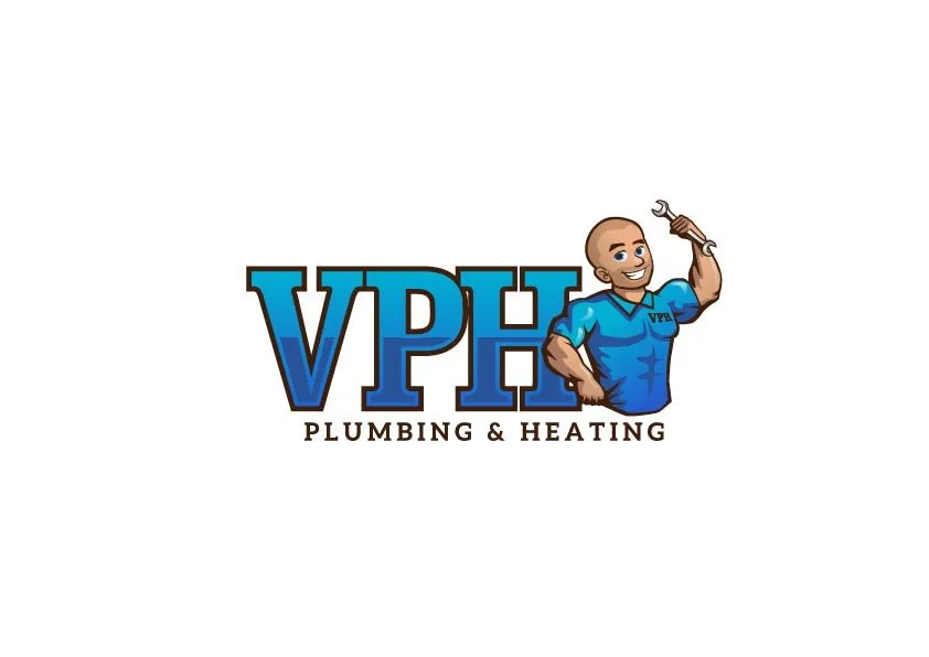 Logo for VPH Plumbing & Heating featuring a cartoon plumber holding a wrench with the company name in bold letters.