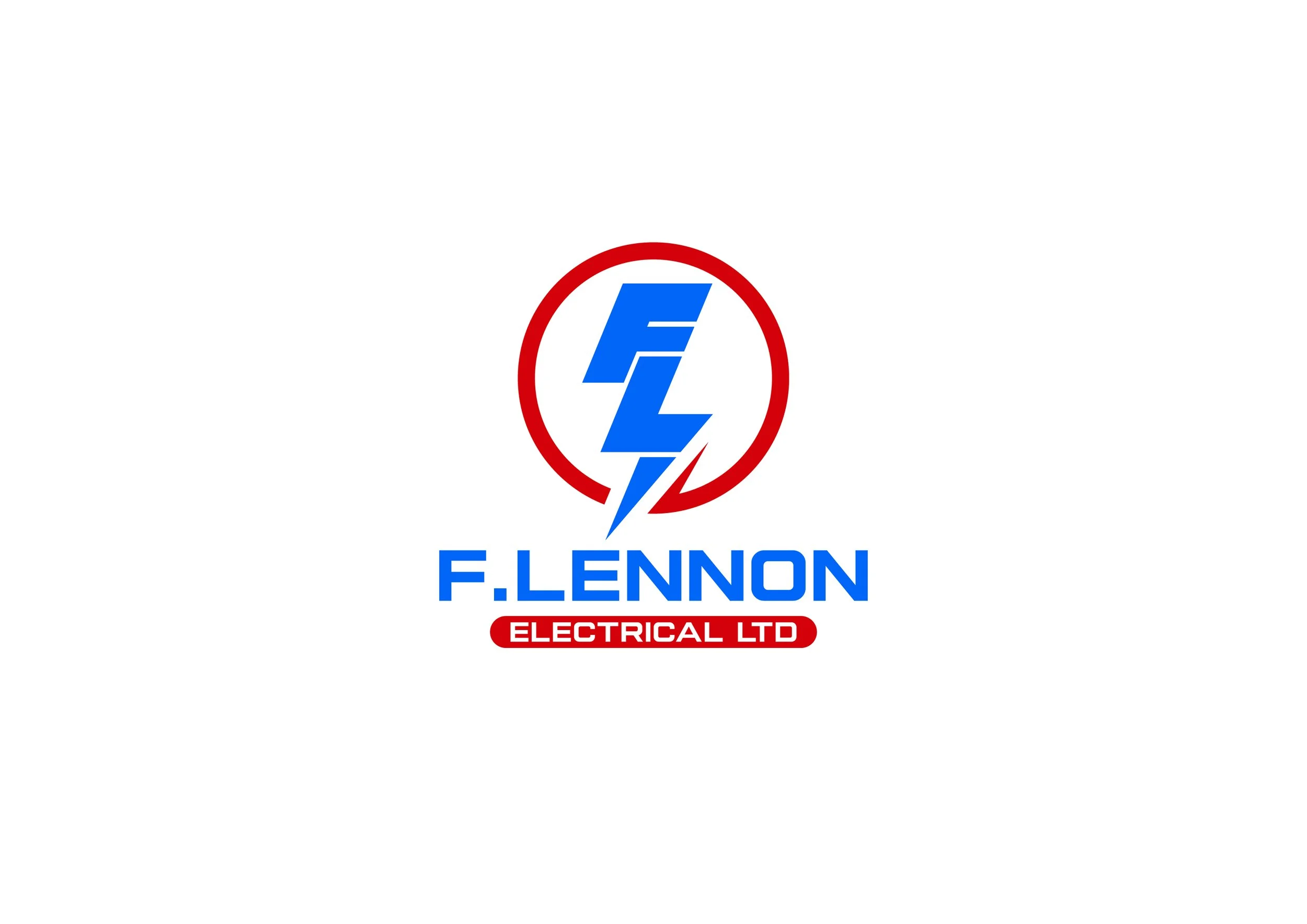 Logo for F. Lennon Electrical Ltd featuring a blue lightning bolt with stylized initials 'F' and 'L' inside a red circle, with company name in blue and red text below.