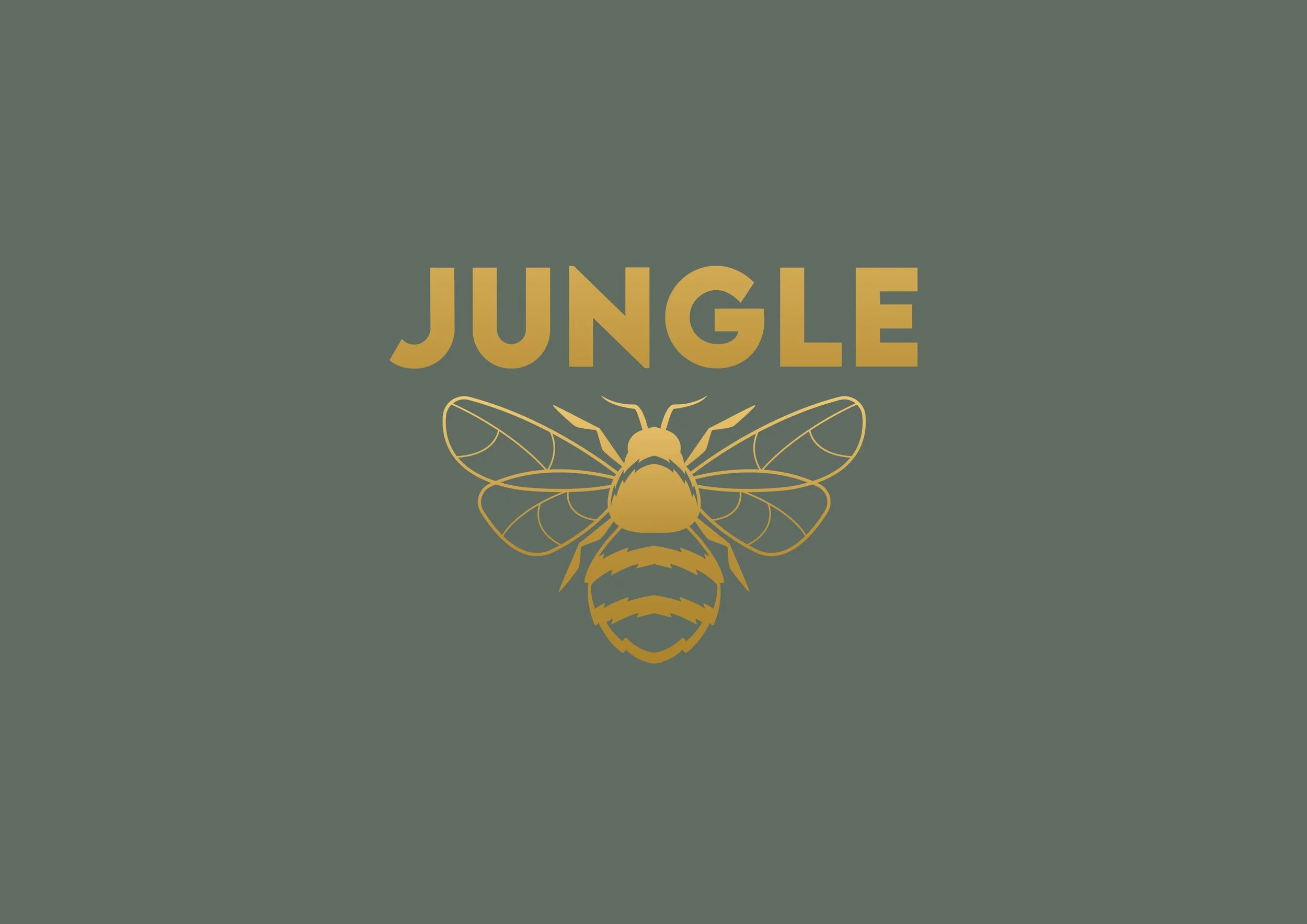 Graphic with the word 'JUNGLE' and an illustration of a bee with detailed wings and body on a muted green background.
