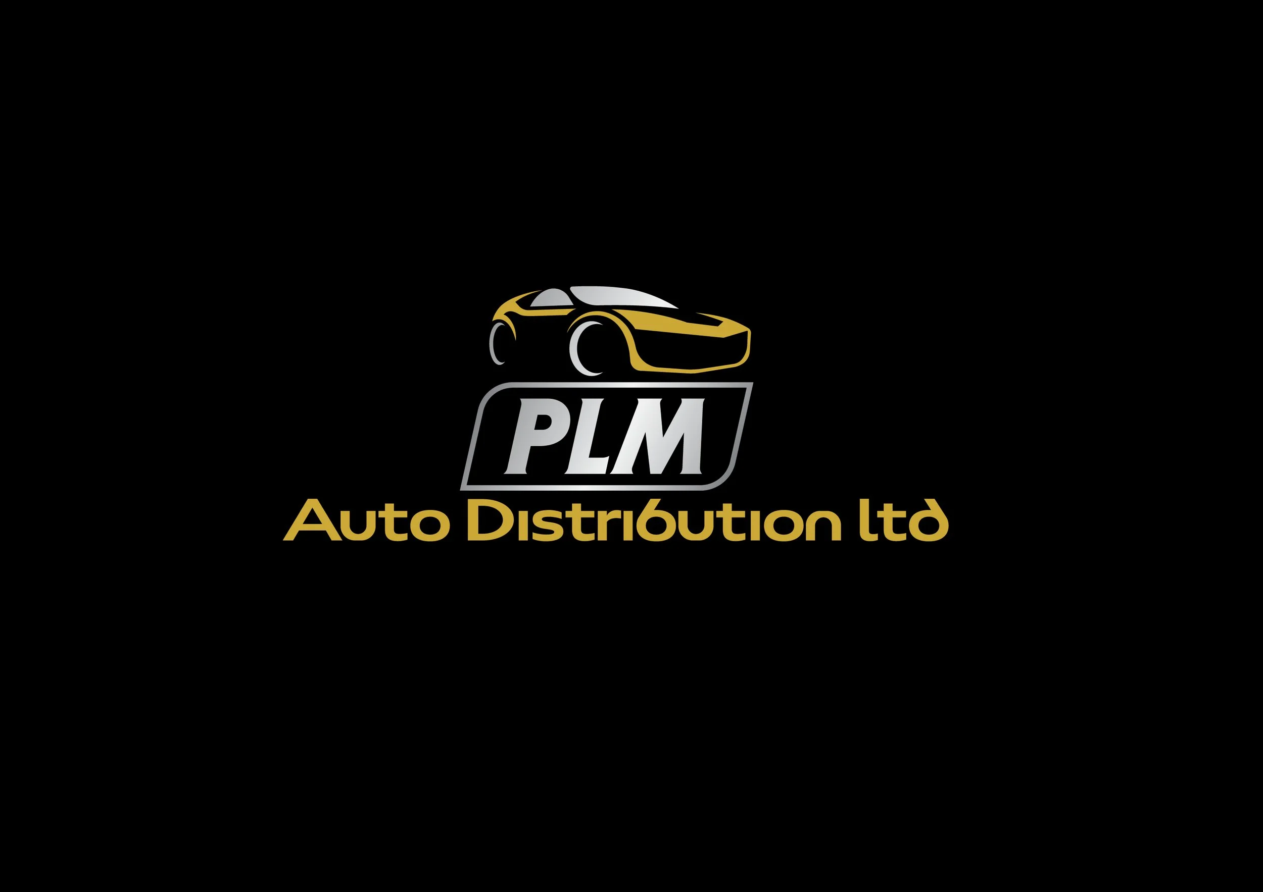 Black background with a logo featuring a stylized yellow and black car above the text 'PLM Auto Distribution Ltd' in yellow, with 'PLM' inside a gray rectangular outline.