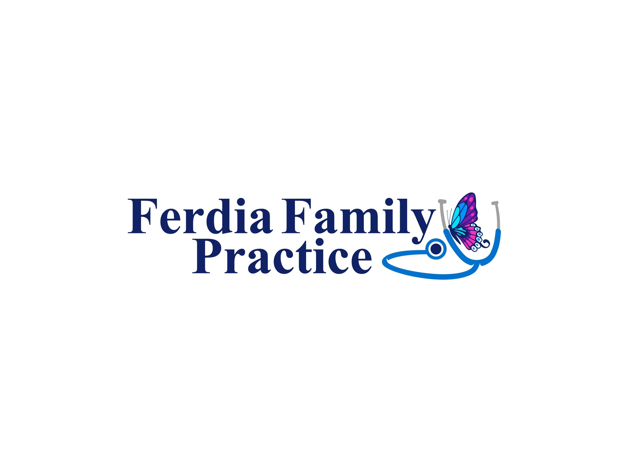 Logo for Ferdia Family Practice featuring text and a stethoscope with a butterfly.