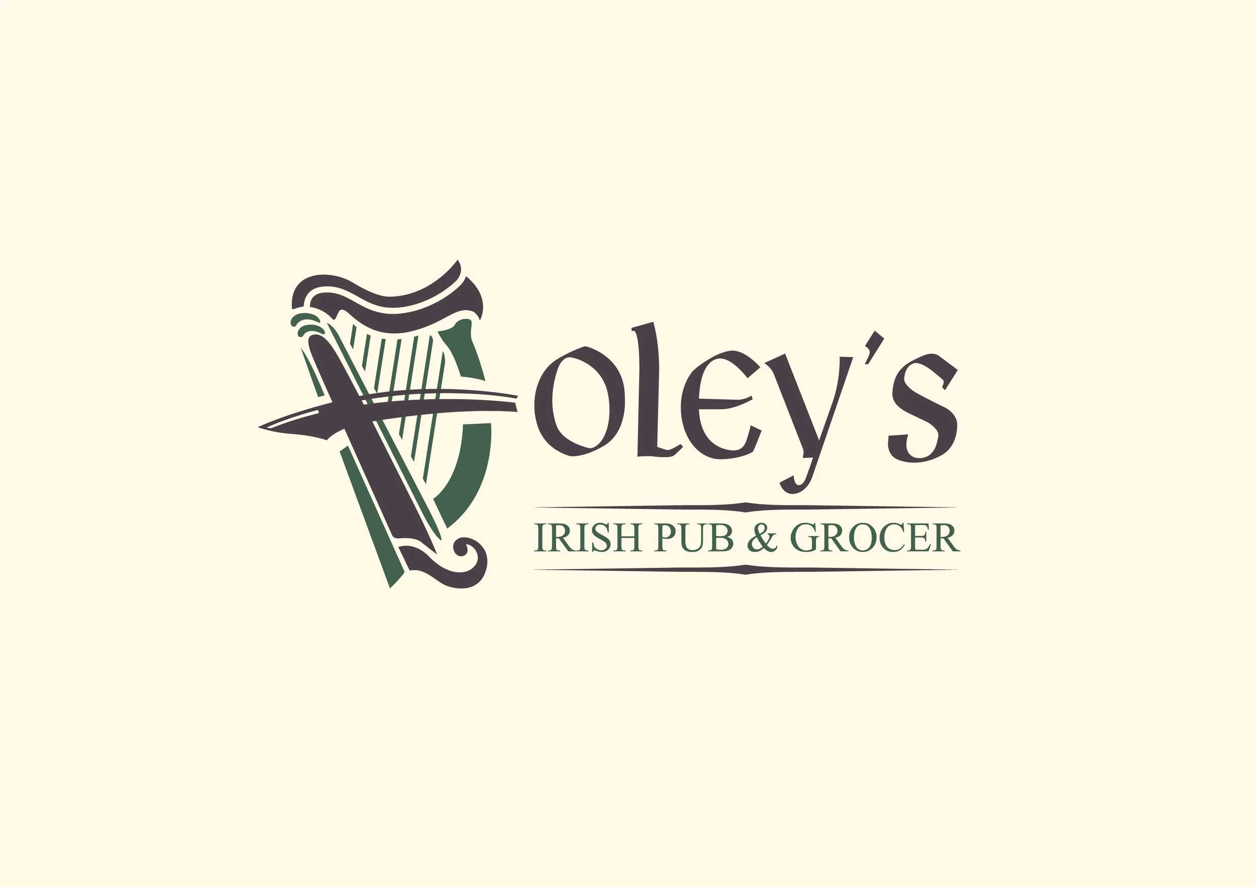 Logo for Oley's Irish Pub & Grocer with a harp and a dagger.